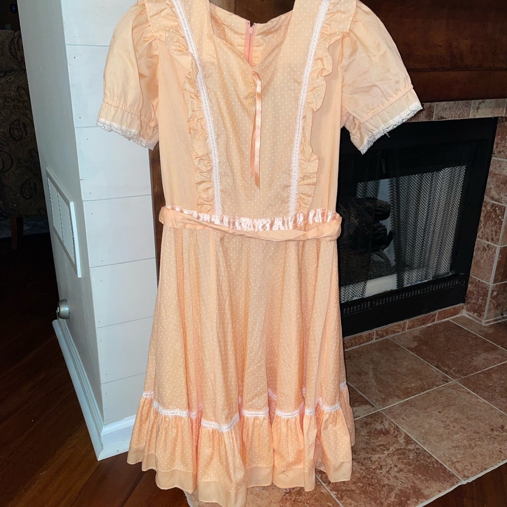 70's Vintage Puff Sleeve Ruffle Flare Peach Jeri Bee Baby Doll Dress Size 12